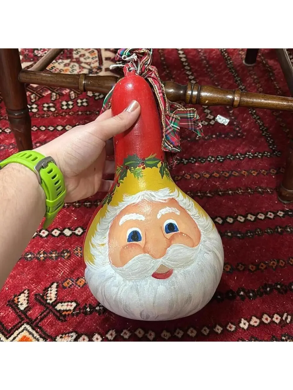 Red Santa Gourd With Plaid Ribbon on top